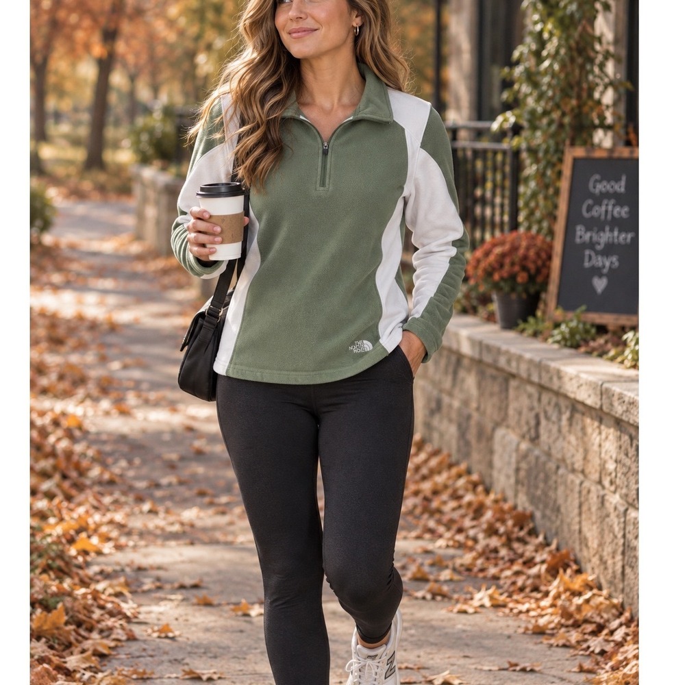 The North Face TKA 100 Fleece Quarter Zip Pullover Green White ANWJ Womens M